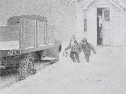 Two children hold hands with one child also holding a bucket. They are walking through deep snow next to a truck with chains on the tires and a women looking out the door of a home behind them.